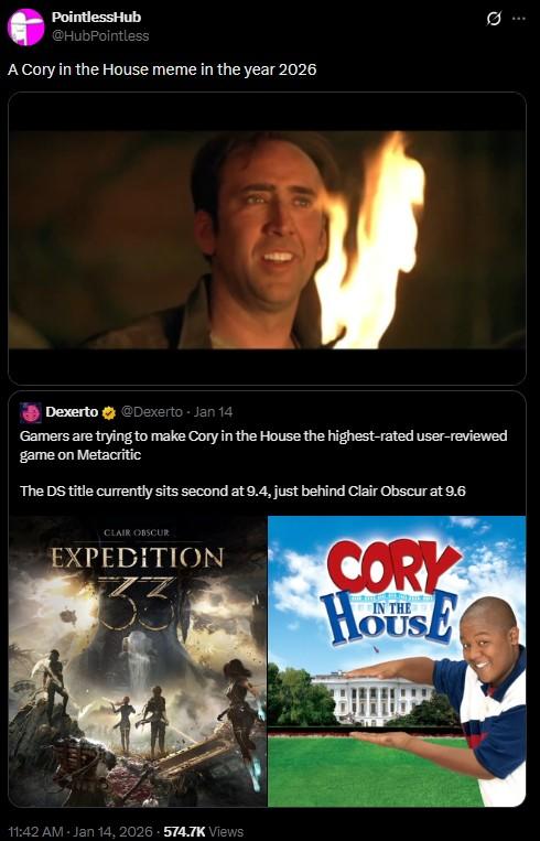PointlessHub @HubPointless A Cory in the House meme in the year 2026 0 Dexerto @Dexerto - Jan 14 Gamers are trying to make Cory in the House the highest-rated user-reviewed game on Metacritic The DS title currently sits second at 9.4, just behind Clair Obscur at 9.6 CLAIR OBSCUR EXPEDITION CORY HOUSE IN THE 11:42 AM - Jan 14, 2026-574.7K Views