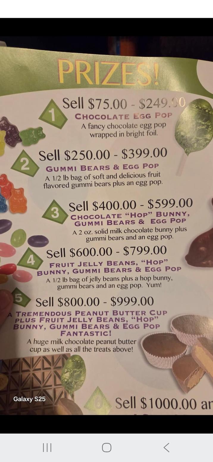 5 2 4 PRIZES! Sell $75.00 - $249.00 CHOCOLATE EGG POP A fancy chocolate egg pop wrapped in bright foil. Sell $250.00 - $399.00 GUMMI BEARS & EGG POP A 1/2 lb bag of soft and delicious fruit flavored gummi bears plus an egg pop. 3 Sell $400.00 - $599.00 CHOCOLATE "HOP" BUNNY, GUMMI BEARS & EGG POP A 2 oz. solid milk chocolate bunny plus gummi bears and an egg pop. Sell $600.00 - $799.00 FRUIT JELLY BEANS, "HOP" BUNNY, GUMMI BEARS & EGG POP A 1/2 lb bag of jelly beans plus a hop bunny, gummi bears and an egg pop. Yum! Sell $800.00 - $999.00 A TREMENDOUS PEANUT BUTTER CUP PLUS FRUIT JELLY BEANS, "Hop" BUNNY, GUMMI BEARS & EGG POP FANTASTIC! A huge milk chocolate peanut butter cup as well as all the treats above! Galaxy S25 ||| Sell $1000.00 an