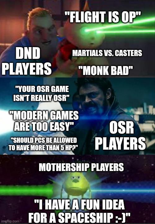 DND PLAYERS "FLIGHT IS OP" "YOUR OSR GAME ISN'T REALLY OSR" MARTIALS VS. CASTERS "MODERN GAMES ARE TOO EASY" "SHOULD PCS BE ALLOWED TO HAVE MORE THAN 5 HP?" "MONK BAD" OSR PLAYERS MOTHERSHIP PLAYERS imgflip.com "I HAVE A FUN IDEA FOR A SPACESHIP :-)"