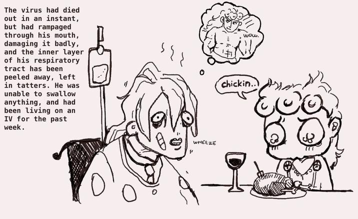 The virus had died out in an instant, but had rampaged through his mouth, damaging it badly, and the inner layer of his respiratory tract has been peeled away, left in tatters. He was unable to swallow anything, and had been living on an IV for the past week. WHEEZE wow. chickin..) ६