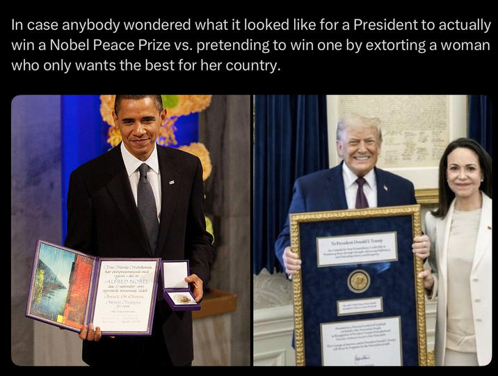 In case anybody wondered what it looked like for a President to actually win a Nobel Peace Prize vs. pretending to win one by extorting a woman who only wants the best for her country. Den Norske Nebelkomite har overensstemmende med reglene det av ALFRED NOBEL dos 27 november 1895 opprettede testamente uildelt Barack CH (Obama CNobels CFredspris for coog To President Donald Trump 綠美