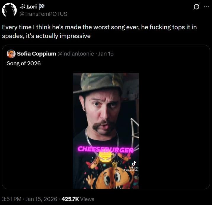 A tweet criticizing Kill Karl. It reads, "Every time I think he's made the worst song ever, he tops it in spades, it's actually impressive."
