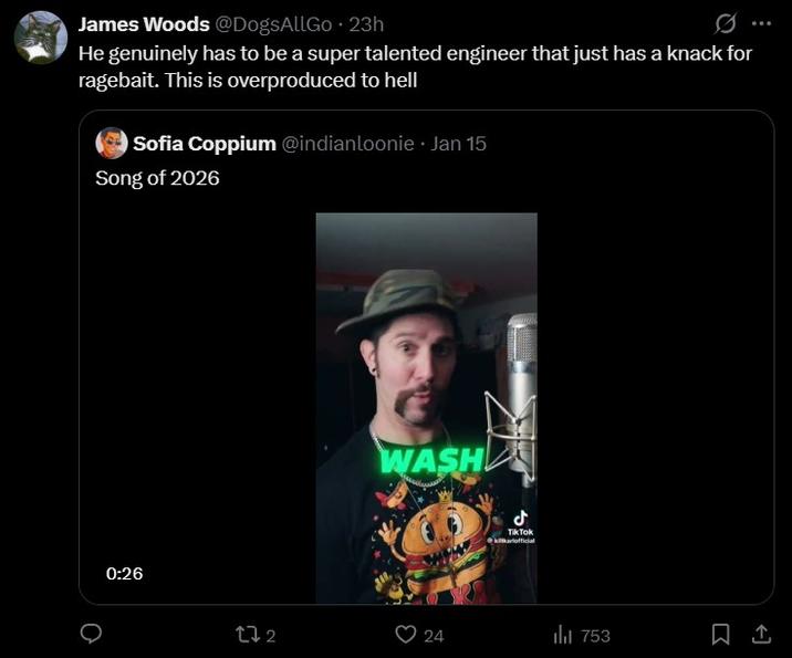 A tweet. It reads, "He genuinely has to be a super talented engineer that just has a knack for ragebait. This is overproduced to hell."