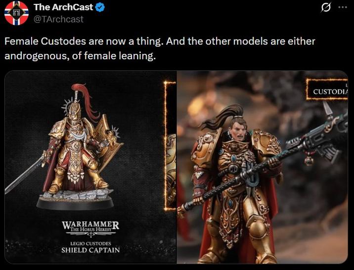 The ArchCast @TArchcast Female Custodes are now a thing. And the other models are either androgenous, of female leaning. WARHAMMER THE HORUS HERESY LEGIO CUSTODES SHIELD CAPTAIN 10 CUSTODIA