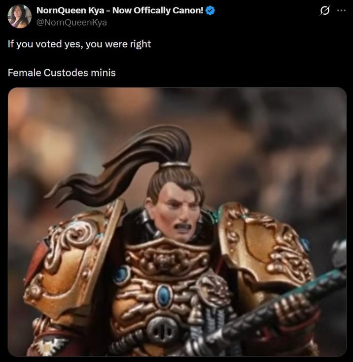 NornQueen Kya - Now Offically Canon! @NornQueenKya If you voted yes, you were right Female Custodes minis