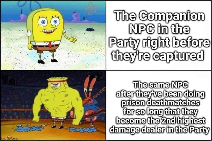 imgflip.com The Companion NPC in the Party right before they're captured The same NPC after they've been doing prison deathmatches for so long that they become the 2nd highest damage dealer in the Party
