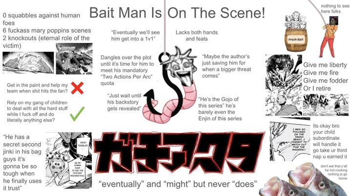 On Oct 22, 2025, @/endlessvacay on Twitter/X posted an image based on Potential Man which was altered to slander Enjin from Gachiakuta. This image put a spotlight on Enjin's lack of fighting and constant incapacitation throughout the manga. The most notorious lines from this are "lacks both hands and feats" and "he's barely even the Enjin of this series".
