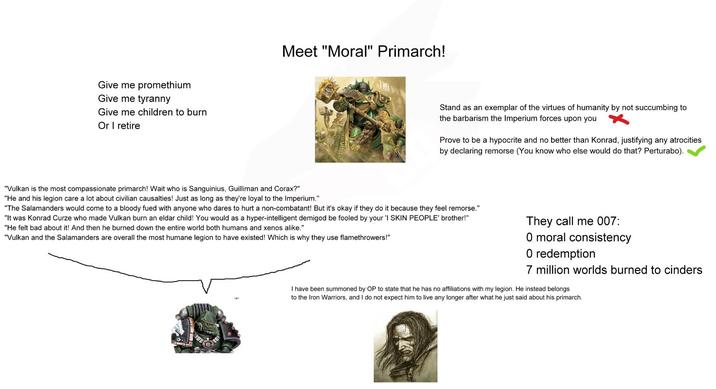Give me promethium Give me tyranny Give me children to burn Or I retire Meet "Moral" Primarch! Stand as an exemplar of the virtues of humanity by not succumbing to the barbarism the Imperium forces upon you Prove to be a hypocrite and no better than Konrad, justifying any atrocities by declaring remorse (You know who else would do that? Perturabo). "Vulkan is the most compassionate primarch! Wait who is Sanguinius, Guilliman and Corax?" "He and his legion care a lot about civilian causalties! Just as long as they're loyal to the Imperium." "The Salamanders would come to a bloody fued with anyone who dares to hurt a non-combatant! But it's okay if they do it because they feel remorse." "It was Konrad Curze who made Vulkan burn an eldar child! You would as a hyper-intelligent demigod be fooled by your 'I SKIN PEOPLE' brother!" "He felt bad about it! And then he burned down the entire world both humans and xenos alike." "Vulkan and the Salamanders are overall the most humane legion to have existed! Which is why they use flamethrowers!" They call me 007: O moral consistency O redemption 7 million worlds burned to cinders I have been summoned by OP to state that he has no affiliations with my legion. He instead belongs to the Iron Warriors, and I do not expect him to live any longer after what he just said about his primarch..