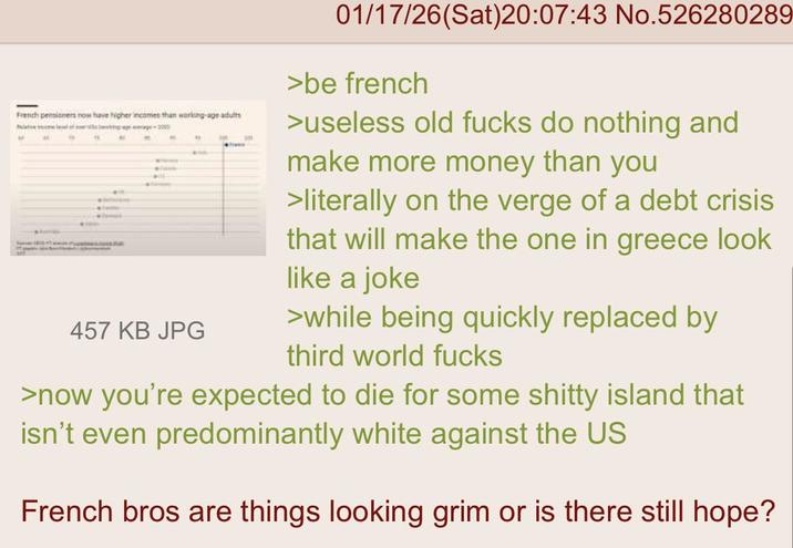 French pensioners now have higher incomes than working-age adults M all at m " age 2000 457 KB JPG 01/17/26(Sat)20:07:43 No.526280289 >be french >useless old f---- do nothing and make more money than you >literally on the verge of a debt crisis that will make the one in greece look like a joke >while being quickly replaced by third world f---- >now you're expected to die for some s----- island that isn't even predominantly white against the US French bros are things looking grim or is there still hope?