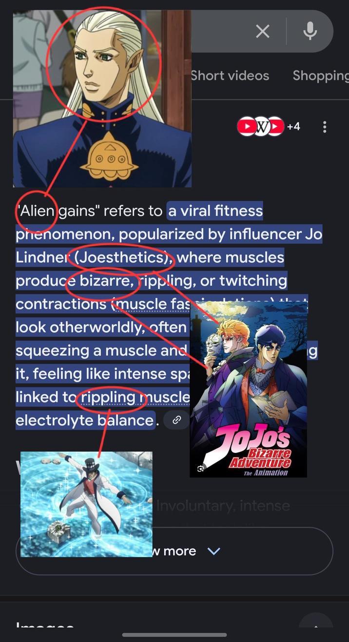 Short videos Shopping DWD +4 'Alien gains" refers to a viral fitness phenomenon, popularized by influencer Jo Lindner (Joesthetics), where muscles produce bizarre, rippling, or twitching contractions (muscle fas look otherworldly, often squeezing a muscle and it, feeling like intense sp linked to rippling muscle electrolyte balance. JOJO'S Bizarre Adventure The Animation g Involuntary, intense W more