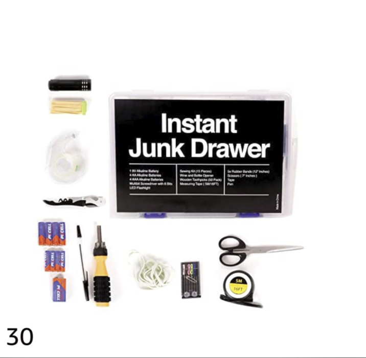 30 PI CELL PI CELL Instant Junk Drawer 19V Akan Bery 4AAAaline Batteries 4AAAAkaline Bateries Mub Sonder with 6 s LED Fligh Sewing Kit (15 Pieces) Wine and Bute Opener Wooden Toothpicks (50 Pack) SMEFT) Se Pubber Bands (12 inches) Scissors (7 Inches)
