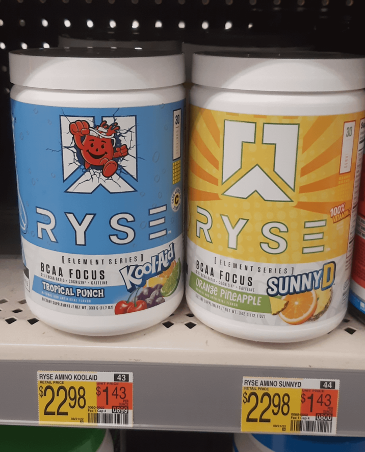 10 10 肉 RYSERY SE Kool-Aid [ELEMENT SERIES] BCAA FOCUS 2:1:1 BCAA RATIO COGNIZIN CAFFEINE TROPICAL PUNCH DIETARY SUPPLEMENT / NET WT. 333 G (11.7 02) BCAA FOCUS [ELEMENT SERIES 2118CAA RATIO-COGNIZIN CAFFEINE ORANGE PINEAPPLE NETARY SUPPLEMENT / NET WT. 3420 (12.1 OZ) SUNNY D 100% VITAMING 30 RYSE AMINO KOOLAID RETAIL PRICE UNIT PRICE 43 $2298 $143 08/21/22 0060-0002 Fac 1 Cap 4 0899 RYSE AMINO SUNNYD RETAIL PRICE UNIT PRICE 44 $2298 $143 08/21/22 0060-0002 Fac 1 Cap 4 0800