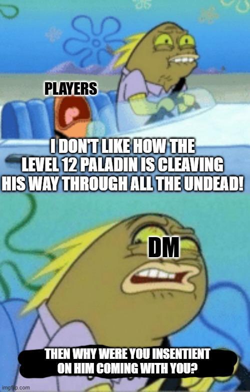 PLAYERS מון 06 I DON'T LIKE HOW THE LEVEL 12 PALADIN IS CLEAVING HIS WAY THROUGH ALL THE UNDEAD! DM imgp.com THEN WHY WERE YOU INSENTIENT ON HIM COMING WITH YOU?
