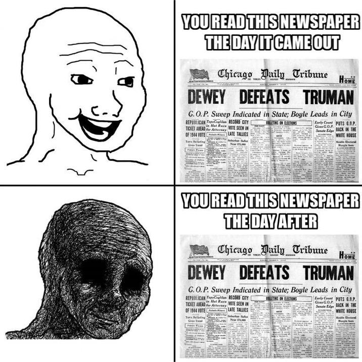 YOU READ THIS NEWSPAPER THE DAY IT CAME OUT Chicago Daily Tribune HOME DEWEY DEFEATS TRUMAN G.O.P. Sweep Indicated in State; Boyle Leads in City REPUBLICAN Tops Coghlan RECORD CITY in Hot Race VOTE SEEN IN TICKET AHEAD for Attorney OF 1944 VOTE LATE TALLIES Teen Balleting Suburban Ballet BULLETINS ON ELECTIONS Early Count PUTS 6.0.P. Gives G.O.P. Senate Edge BACK IN THE WHITE HOUSE Sectoral YOU READ THIS NEWSPAPER THE DAY AFTER Chicago Daily Tribune HOME DEWEY DEFEATS TRUMAN G.O.P. Sweep Indicated in State; Boyle Leads in City REPUBLICAN Tops Coghlan RECORD CITY in Hot Race VOTE SEEN IN TICKET AHEAD for Attorney OF 1944 VOTE LATE TALLIES Telling Grad Suburban Ballet Near BULLETINS ON ELECTIONS Early Count PUTS G.O.P. Gives G.O.P. Senate Edge BACK IN THE WHITE HOUSE Size Electoral Margis Se