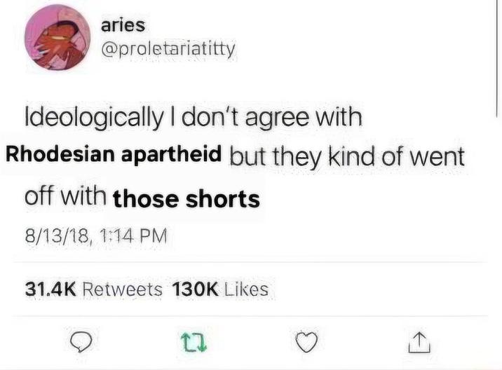 aries @proletariatitty Ideologically I don't agree with Rhodesian apartheid but they kind of went off with those shorts 8/13/18, 1:14 PM 31.4K Retweets 130K Likes 17