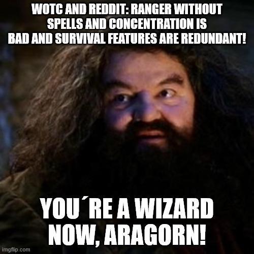 WOTC AND REDDIT: RANGER WITHOUT SPELLS AND CONCENTRATION IS BAD AND SURVIVAL FEATURES ARE REDUNDANT! imgflip.com YOU'RE A WIZARD NOW, ARAGORN!