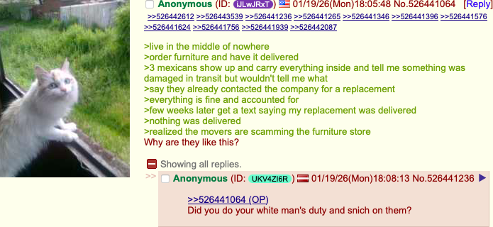 Anonymous (ID: JLWJRXT 01/19/26(Mon) 18:05:48 No.526441064 [Reply] >>526442612 >>526443539 >>526441236 >>526441265 >>526441346 >>526441396 >>526441576 >>526441624 >>526441756 >>526441939 >>526442087 >live in the middle of nowhere >order furniture and have it delivered >3 mexicans show up and carry everything inside and tell me something was damaged in transit but wouldn't tell me what >say they already contacted the company for a replacement >everything is fine and accounted for >few weeks later get a text saying my replacement was delivered >nothing was delivered >realized the movers are scamming the furniture store Why are they like this? Showing all replies. Anonymous (ID: UKV4Z16R) 01/19/26(Mon) 18:08:13 No.526441236 >>526441064 (OP) Did you do your white man's duty and snich on them?