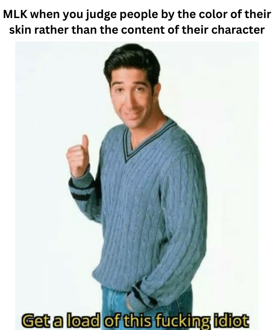 MLK when you judge people by the color of their skin rather than the content of their character Get a load of this f------ idiot