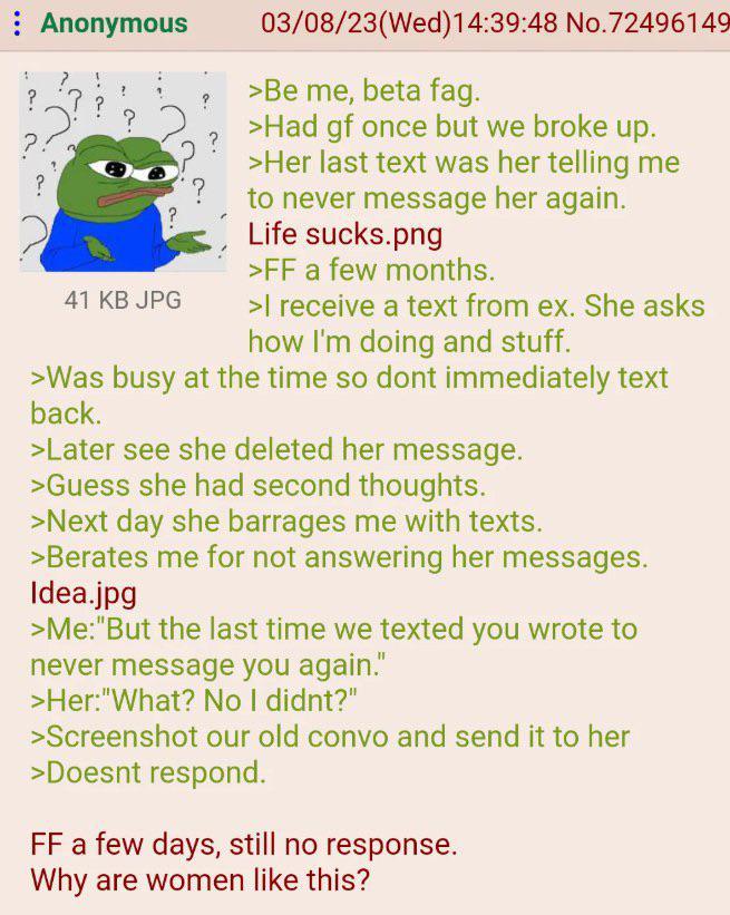 ? Anonymous 41 KB JPG 03/08/23(Wed)14:39:48 No.72496149 >Be me, beta f--. >Had gf once but we broke up. >Her last text was her telling me to never message her again. Life sucks.png >FF a few months. >I receive a text from ex. She asks how I'm doing and stuff. >Was busy at the time so dont immediately text back. >Later see she deleted her message. >Guess she had second thoughts. >Next day she barrages me with texts. >Berates me for not answering her messages. Idea.jpg >Me:"But the last time we texted you wrote to never message you again." >Her:"What? No I didnt?" >Screenshot our old convo and send it to her >Doesnt respond. FF a few days, still no response. Why are women like this?
