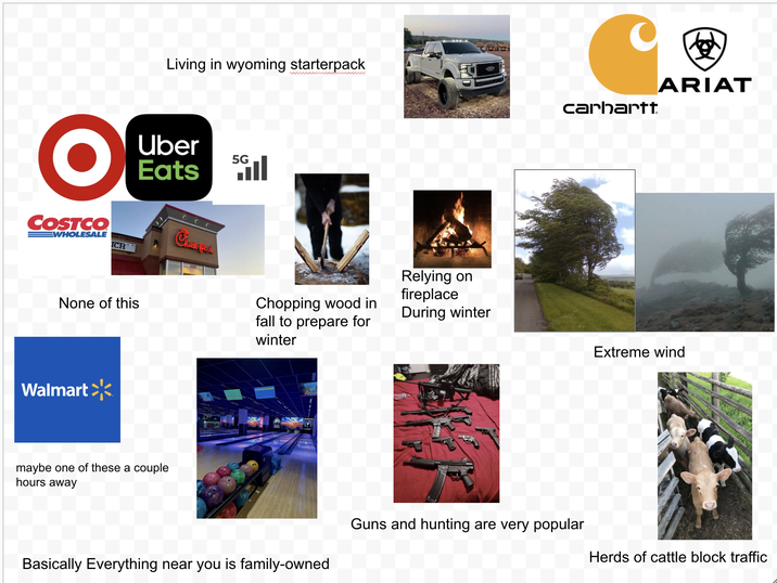 COSTCO WHOLESALE ICH None of this Walmart Living in wyoming starterpack Uber Eats maybe one of these a couple hours away Kick 5G Chopping wood in fall to prepare for winter Relying on fireplace During winter ARIAT carhartt Basically Everything near you is family-owned Guns and hunting are very popular Extreme wind Herds of cattle block traffic