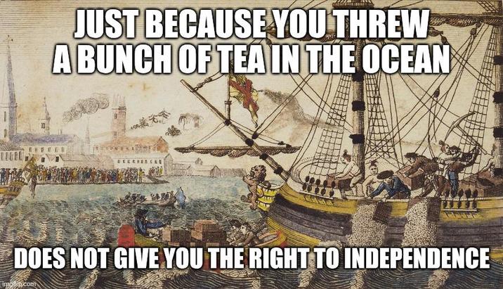 JUST BECAUSE YOU THREW A BUNCH OF TEA IN THE OCEAN DOES NOT GIVE YOU THE RIGHT TO INDEPENDENCE imgflip.com