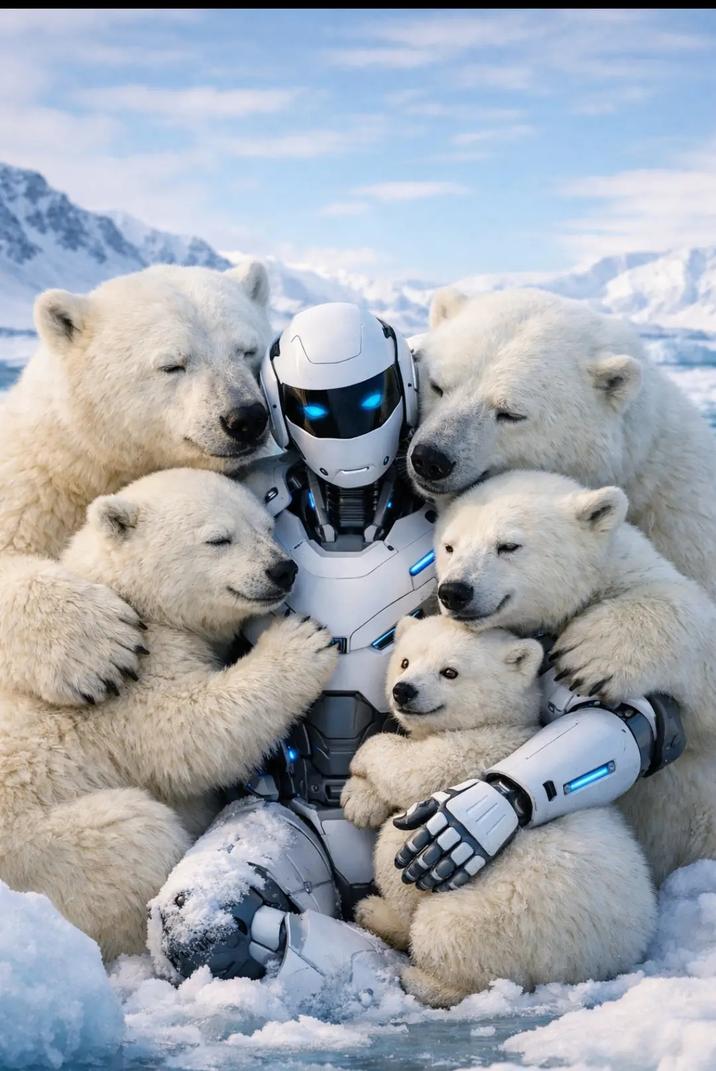 An AI-generated image. The image shows a robot loving polar bears.