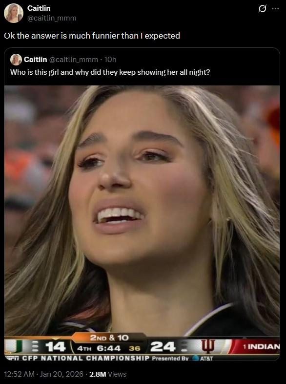A post wondering why ESPN kept showing Abella Danger during the CFP Championship. She doesn't know who Danger is.
