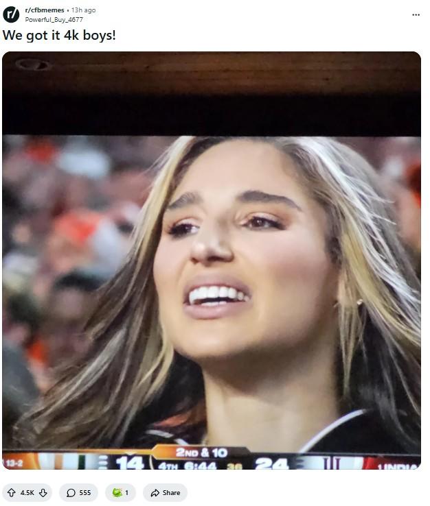 A post to the /r/cfbmemes subreddit. It shows Abella Danger at the national championship.