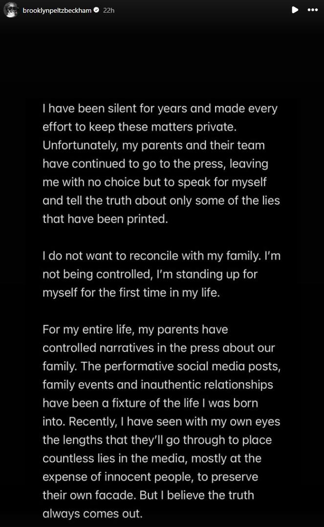 Part one of Brooklyn Beckham's Instagram Stories posts from mid-January 2026 in which he criticized his mother and father over past controversies with his wife, Nicola Peltz, particularly his mother, Victoria Beckham, dancing at their wedding in 2022.