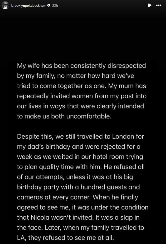 Part four of Brooklyn Beckham's Instagram Stories posts from mid-January 2026 in which he criticized his mother and father over past controversies with his wife, Nicola Peltz, particularly his mother, Victoria Beckham, dancing at their wedding in 2022.