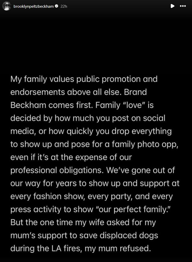 Part five of Brooklyn Beckham's Instagram Stories posts from mid-January 2026 in which he criticized his mother and father over past controversies with his wife, Nicola Peltz, particularly his mother, Victoria Beckham, dancing at their wedding in 2022.