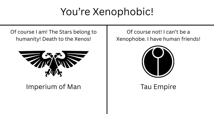 You're Xenophobic! Of course I am! The Stars belong to humanity! Death to the Xenos! Of course not! I can't be a Xenophobe. I have human friends! Imperium of Man Tau Empire
