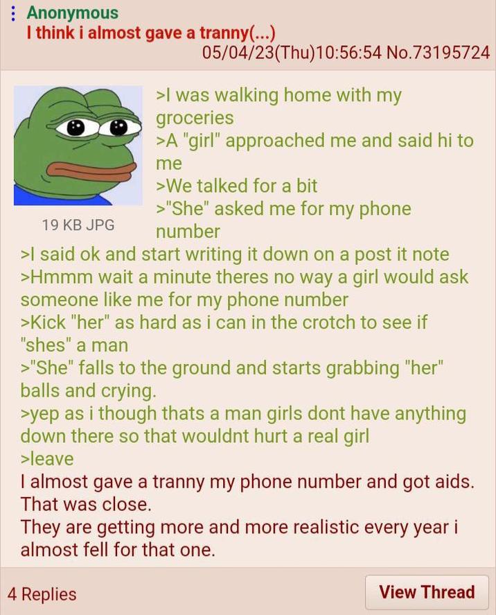 : Anonymous I think i almost gave a t-----(...) 19 KB JPG 05/04/23(Thu)10:56:54 No.73195724 >I was walking home with my groceries >A "girl" approached me and said hi to me >We talked for a bit >"She" asked me for my phone number >I said ok and start writing it down on a post it note >Hmmm wait a minute theres no way a girl would ask someone like me for my phone number >Kick "her" as hard as i can in the crotch to see if "shes" a man >"She" falls to the ground and starts grabbing "her" balls and crying. >yep as i though thats a man girls dont have anything down there so that wouldnt hurt a real girl >leave I almost gave a t----- my phone number and got aids. That was close. They are getting more and more realistic every year i almost fell for that one. 4 Replies View Thread