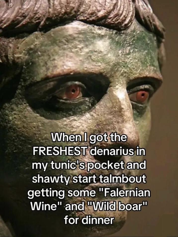 When I got the FRESHEST denarius in my tunic's pocket and shawty start talmbout getting some "Falernian Wine" and "Wild boar" for dinner