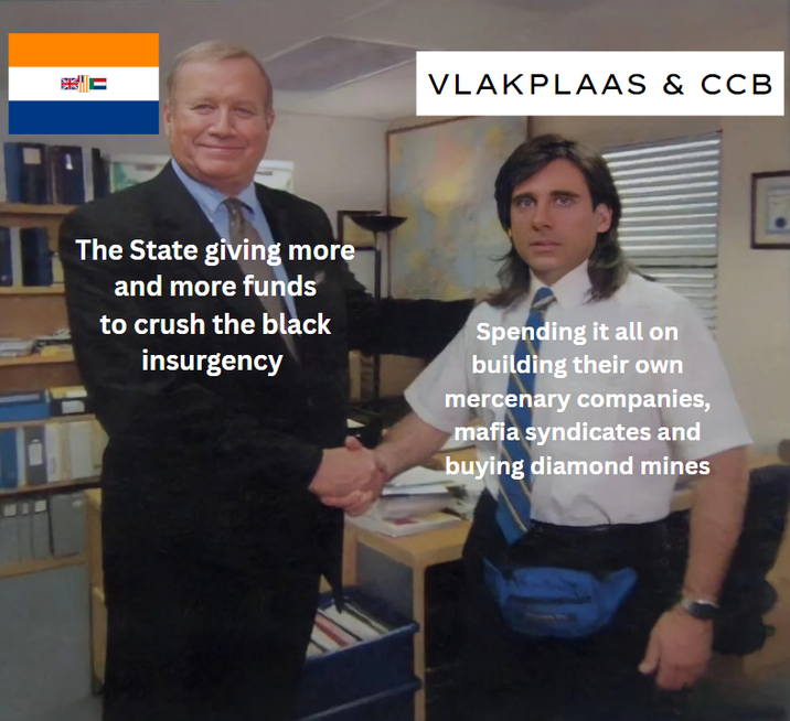门 VLAKPLAAS & CCB The State giving more and more funds to crush the black insurgency Spending it all on building their own mercenary companies, mafia syndicates and buying diamond mines