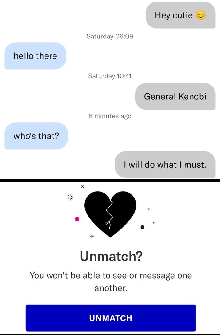 hello there Saturday 06:09 Saturday 10:41 Hey cutie who's that? × 8 minutes ago General Kenobi I will do what I must. Unmatch? You won't be able to see or message one another. UNMATCH