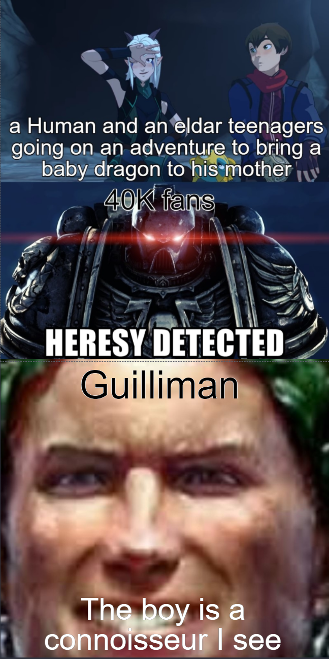 a Human and an eldar teenagers going on an adventure to bring a baby dragon to his mother 40K fans HERESY DETECTED Guilliman The boy is a connoisseur I see