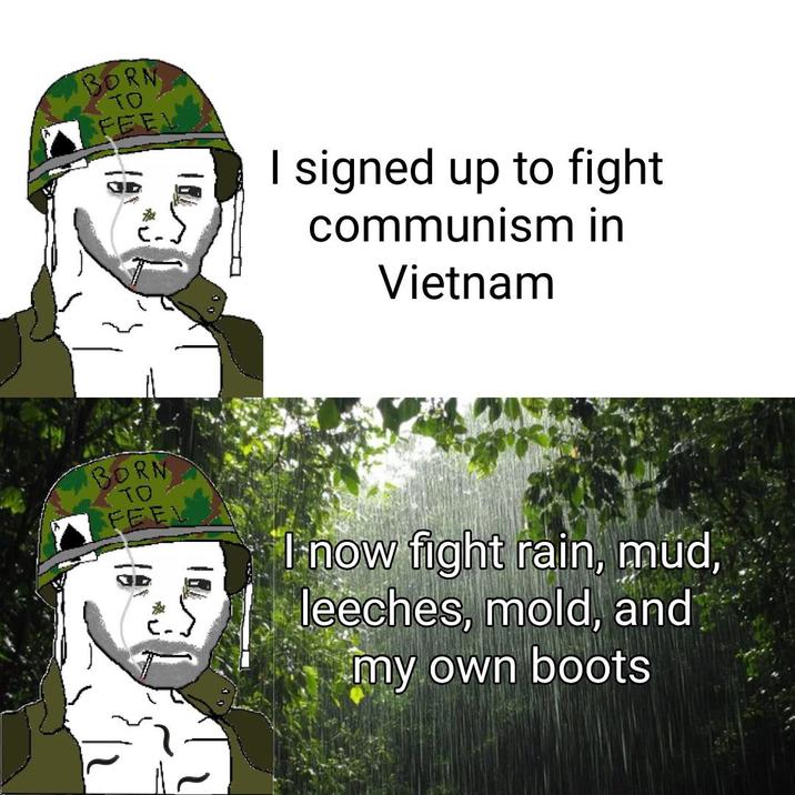 BORN TO FEEL I signed up to fight communism in Vietnam BORN TO FEEL I now fight rain, mud, leeches, mold, and my own boots