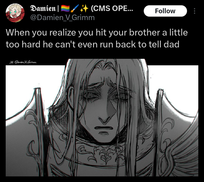 Damien | (CMS OPE... Follow @Damien V Grimm When you realize you hit your brother a little too hard he can't even run back to tell dad Damien V.Grimm
