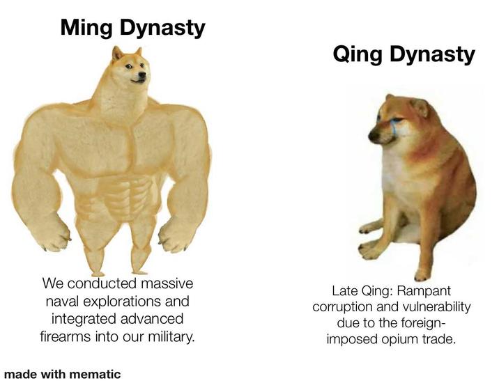 Ming Dynasty Qing Dynasty We conducted massive naval explorations and integrated advanced firearms into our military. Late Qing: Rampant corruption and vulnerability due to the foreign- imposed opium trade. made with mematic