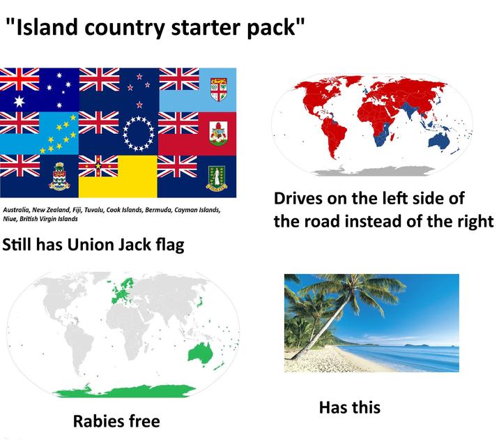 "Island country starter pack" 米 米米 NV VIGIL LATE Drives on the left side of Australia, New Zealand, Fiji, Tuvalu, Cook Islands, Bermuda, Cayman Islands, Niue, British Virgin Islands Still has Union Jack flag the road instead of the right Has this Rabies free