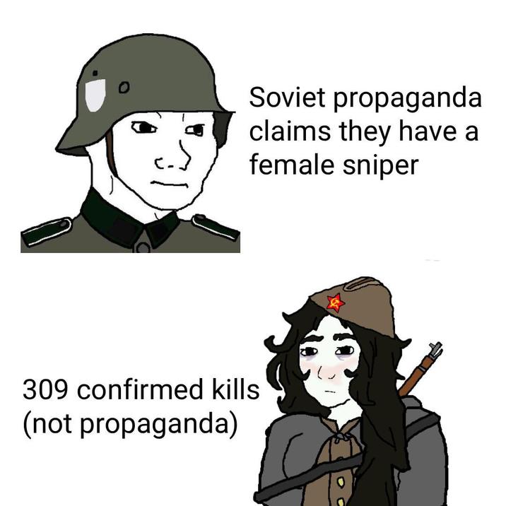 Soviet propaganda claims they have a female sniper 309 confirmed kills (not propaganda)