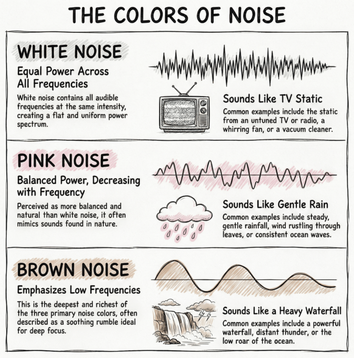 THE COLORS OF NOISE WHITE NOISE Equal Power Across All Frequencies White noise contains all audible frequencies at the same intensity, creating a flat and uniform power spectrum. Sounds Like TV Static Common examples include the static from an untuned TV or radio, a whirring fan, or a vacuum cleaner. PINK NOISE Balanced Power, Decreasing with Frequency Perceived as more balanced and natural than white noise, it often mimics sounds found in nature. Sounds Like Gentle Rain Common examples include steady, gentle rainfall, wind rustling through leaves, or consistent ocean waves. BROWN NOISE Emphasizes Low Frequencies This is the deepest and richest of the three primary noise colors, often described as a soothing rumble ideal for deep focus. Sounds Like a Heavy Waterfall Common examples include a powerful waterfall, distant thunder, or the low roar of the ocean.