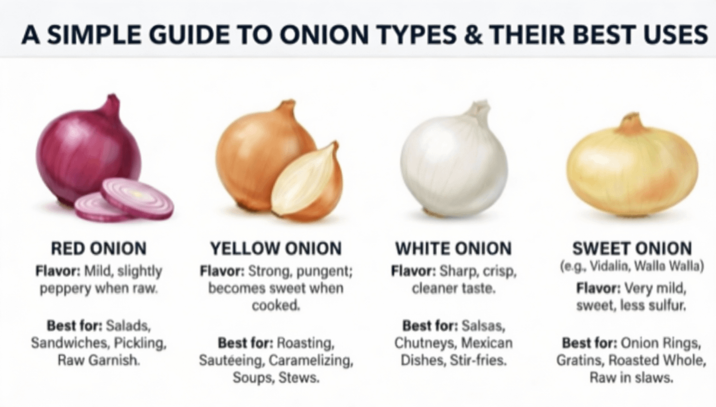 A SIMPLE GUIDE TO ONION TYPES & THEIR BEST USES RED ONION Flavor: Mild, slightly peppery when raw. Best for: Salads, Sandwiches, Pickling, Raw Garnish. YELLOW ONION Flavor: Strong, pungent; becomes sweet when cooked. Best for: Roasting, Sautéeing, Caramelizing, Soups, Stews. WHITE ONION Flavor: Sharp, crisp, cleaner taste. Best for: Salsas, Chutneys, Mexican Dishes, Stir-fries. SWEET ONION (e.g., Vidalin, Walla Walla) Flavor: Very mild, sweet, less sulfur. Best for: Onion Rings, Gratins, Roasted Whole, Raw in slaws.