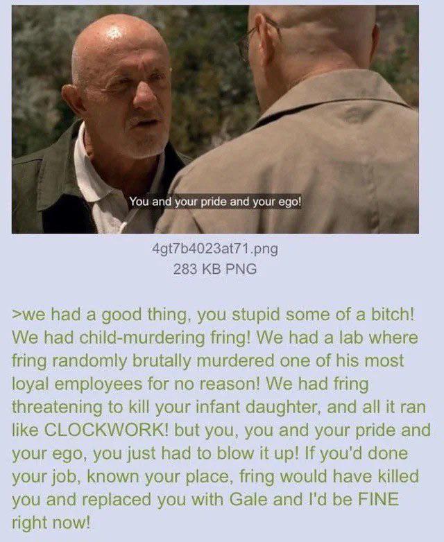 You and your pride and your ego! 4gt7b4023at71.png 283 KB PNG >we had a good thing, you stupid some of a bitch! We had child-murdering fring! We had a lab where fring randomly brutally murdered one of his most loyal employees for no reason! We had fring threatening to kill your infant daughter, and all it ran like CLOCKWORK! but you, you and your pride and your ego, you just had to blow it up! If you'd done your job, known your place, fring would have killed you and replaced you with Gale and I'd be FINE right now!