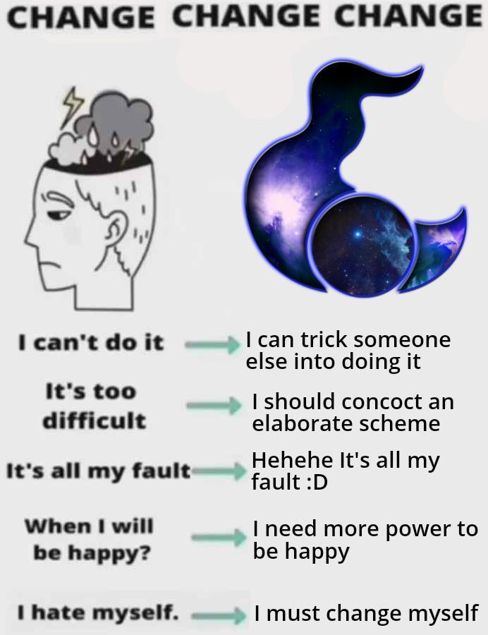 CHANGE CHANGE CHANGE I can't do it It's too difficult It's all my fault When I will be happy? I hate myself. I can trick someone else into doing it I should concoct an elaborate scheme Hehehe It's all my fault :D I need more power to be happy I must change myself