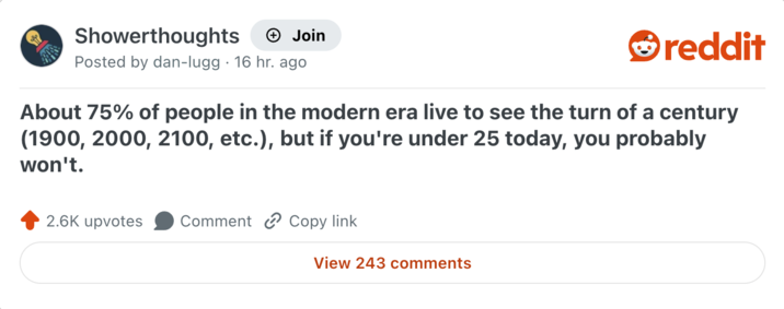 Showerthoughts + Join Posted by dan-lugg 16 hr. ago reddit About 75% of people in the modern era live to see the turn of a century (1900, 2000, 2100, etc.), but if you're under 25 today, you probably won't. 2.6K upvotes Comment Copy link View 243 comments
