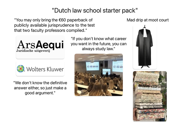 "Dutch law school starter pack" "You may only bring the €60 paperback of publicly available jurisprudence to the test that two faculty professors compiled." ArsAequi Juridische uitgeverij "If you don't know what career you want in the future, you can always study law." Mad drip at moot court Wolters Kluwer "We don't know the definitive answer either, so just make a good argument."