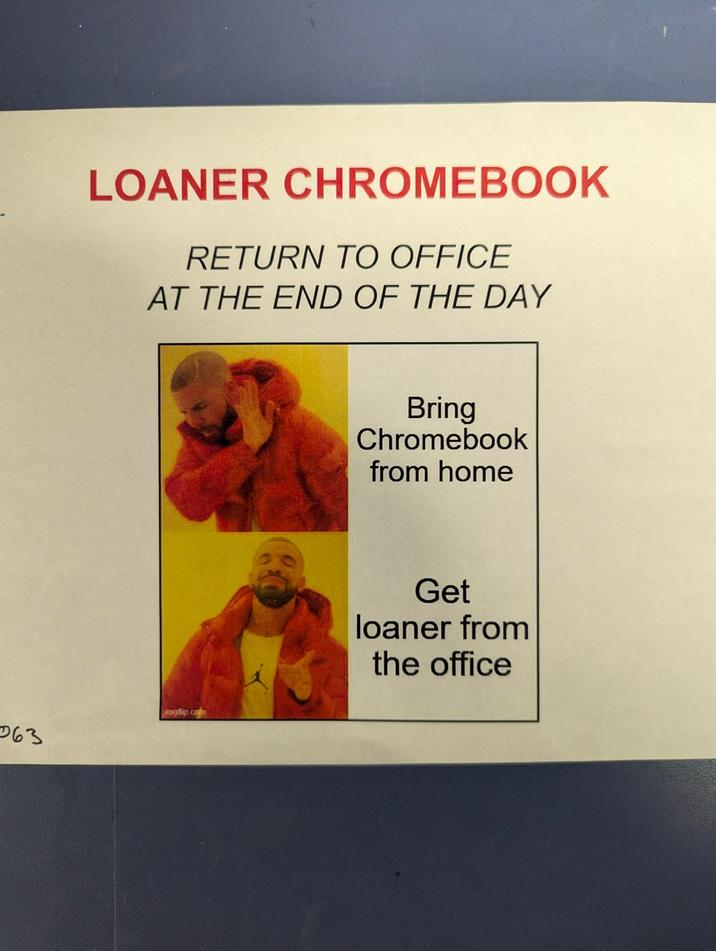 LOANER CHROMEBOOK RETURN TO OFFICE AT THE END OF THE DAY 063 imgflip.co Bring Chromebook from home Get loaner from the office