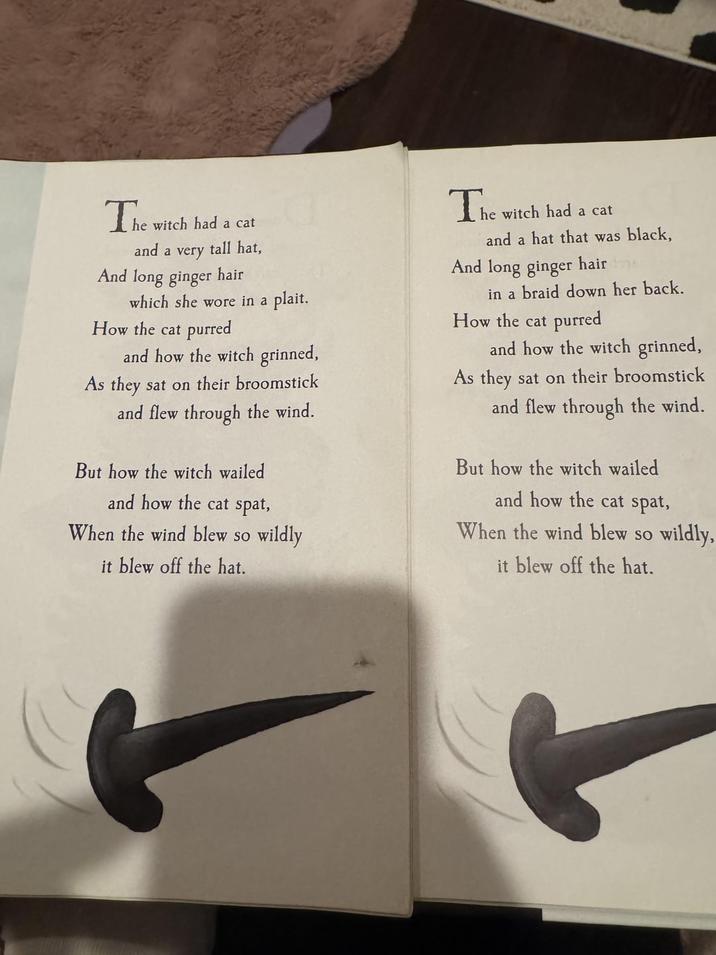 The he witch had a cat tall hat, and a very And long ginger hair which she wore in a plait. How the cat purred and how the witch grinned, As they sat on their broomstick and flew through the wind. But how the witch wailed and how the cat spat, When the wind blew so wildly it blew off the hat. The he witch had a cat and a hat that was black, And long ginger hair ne in a braid down her back. How the cat purred and how the witch grinned, As they sat on their broomstick and flew through the wind. But how the witch wailed and how the cat spat, When the wind blew so wildly, it blew off the hat.